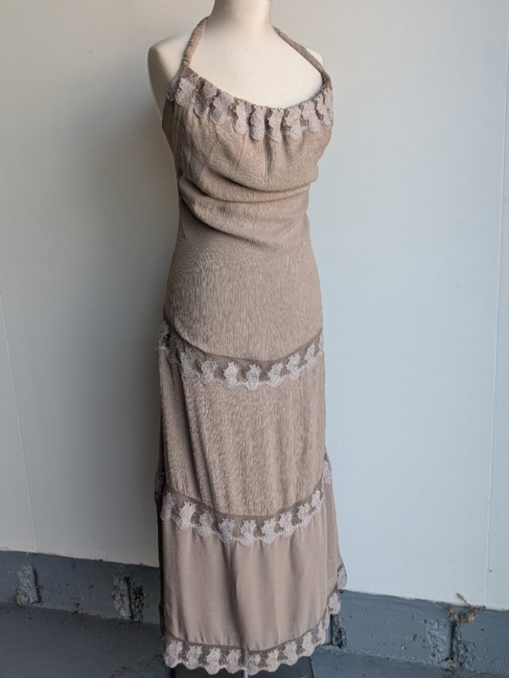 Ya-Ya 100% Silk Boho Beige Halter Maxi Dress with Lace Trim